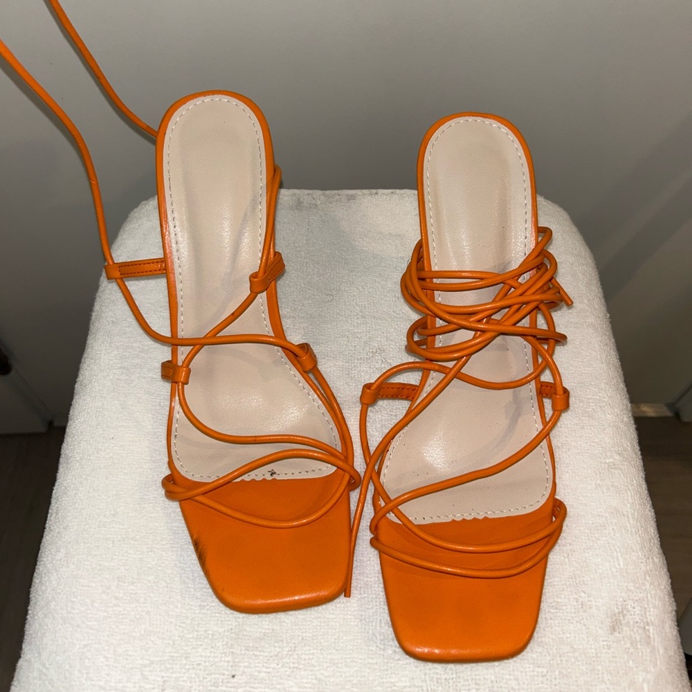 SHEIN Orange Strappy Square-Toe Lace-Up Heeled Sandals